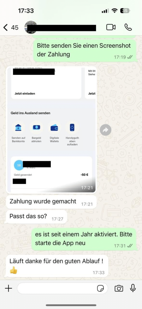 OTTGenuss IPTV Kundenbewertung – Screenshot eines echten Kundengespräch
