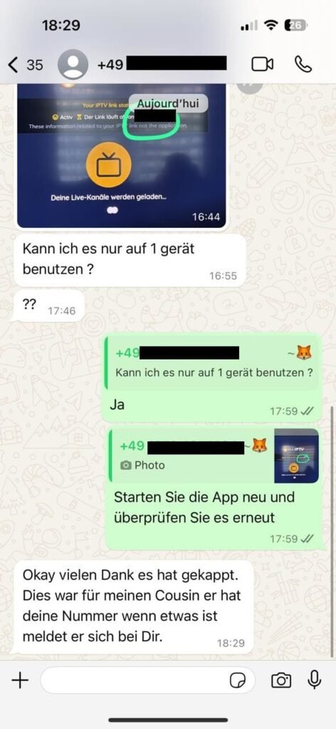 OTTGenuss IPTV Kundenbewertung – Screenshot eines echten Kundengesprächs