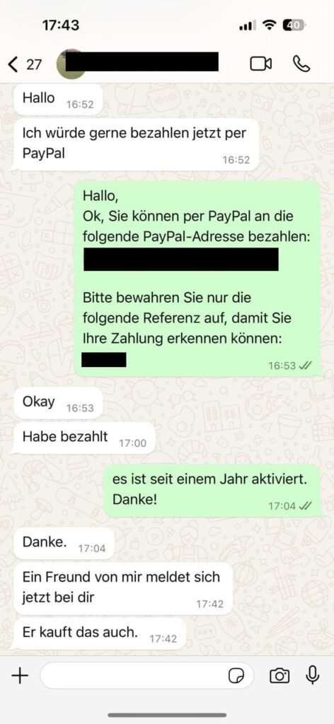 Echtes Kundenfeedback zu OTTGenuss IPTV per WhatsApp