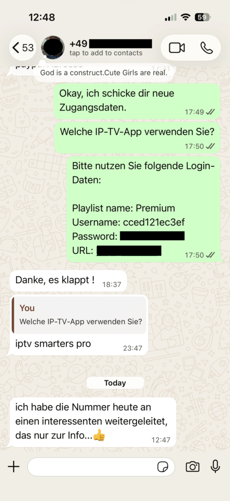 Echtes Kundenfeedback zu OTTGenuss IPTV per WhatsApp
