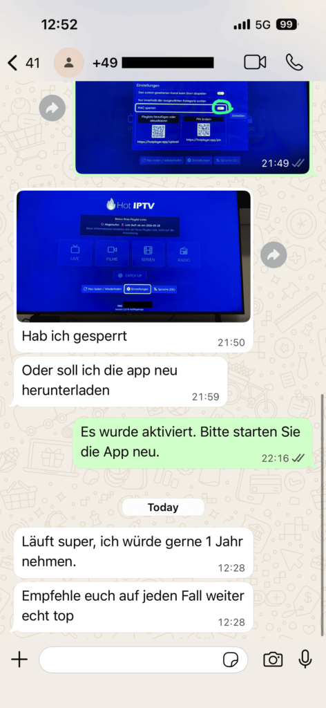 OTTGenuss IPTV Kundenbewertung – Screenshot eines echten Kundengesprächs