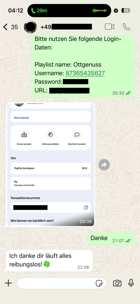 Echtes Kundenfeedback zu OTTGenuss IPTV per WhatsApp