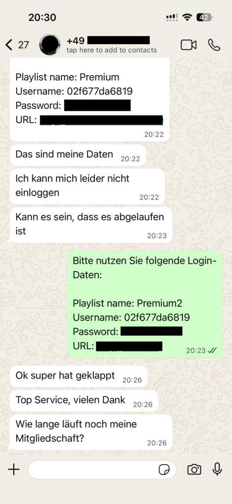 OTTGenuss IPTV Kundenbewertung – Screenshot eines echten Kundengesprächs