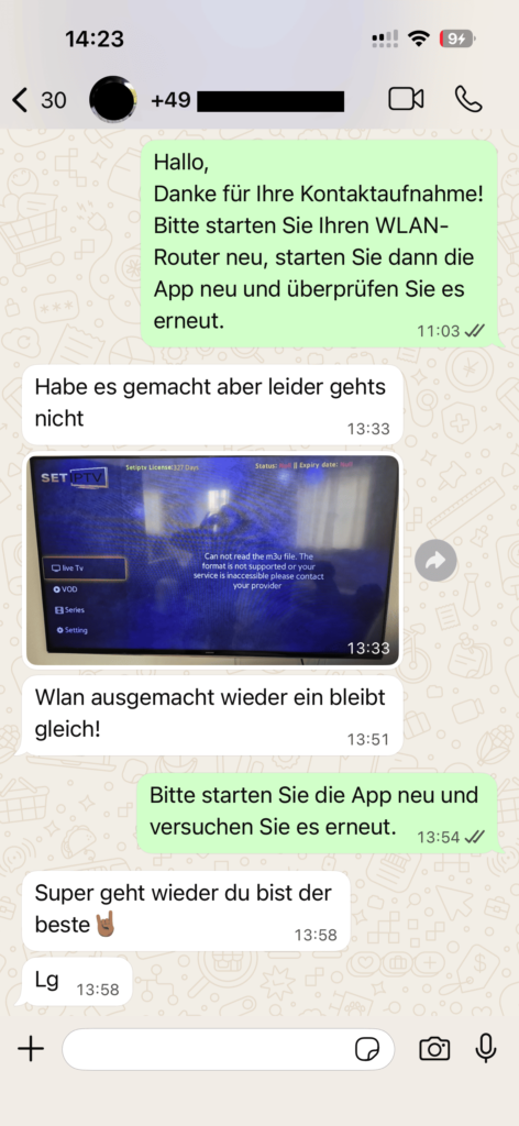 OTTGenuss IPTV Kundenbewertung – Screenshot eines echten Kundengesprächs