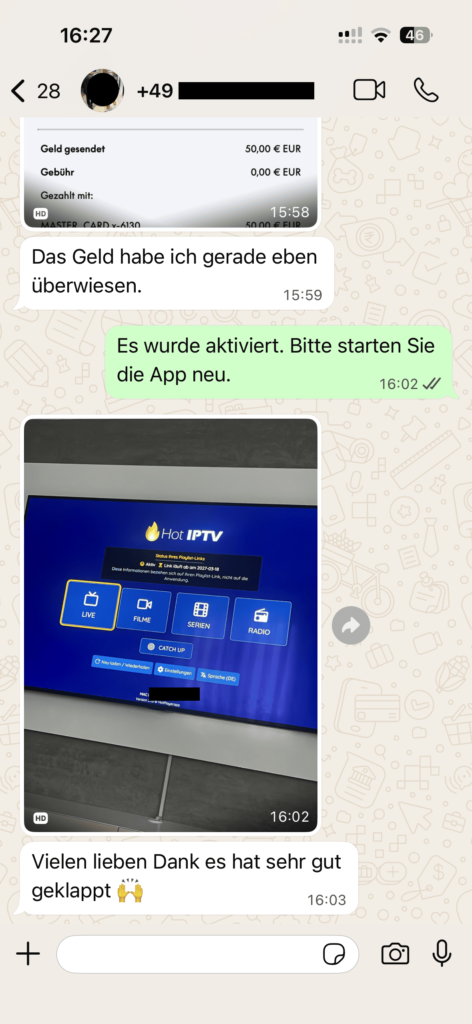 Echtes Kundenfeedback zu OTTGenuss IPTV per WhatsApp