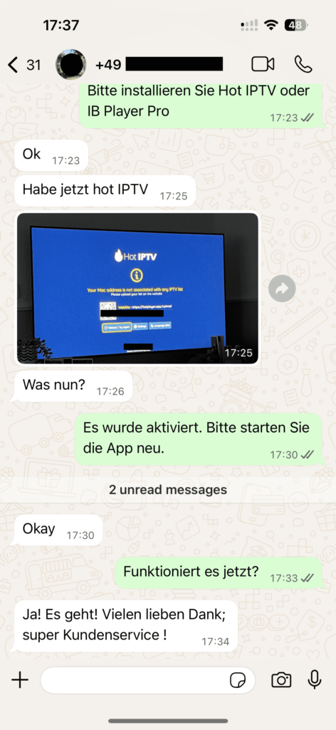 OTTGenuss IPTV Kundenbewertung – Screenshot eines echten Kundengesprächs