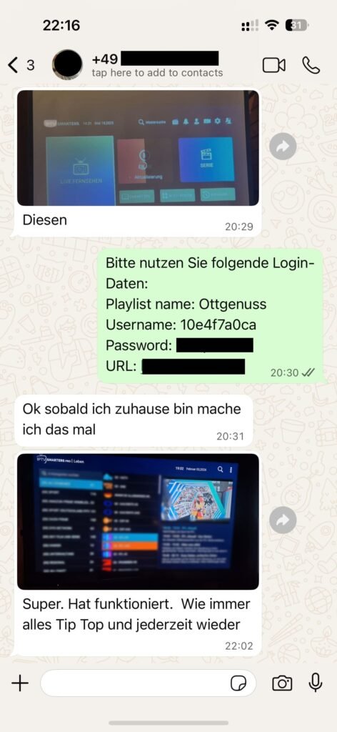 Echtes Kundenfeedback zu OTTGenuss IPTV per WhatsApp