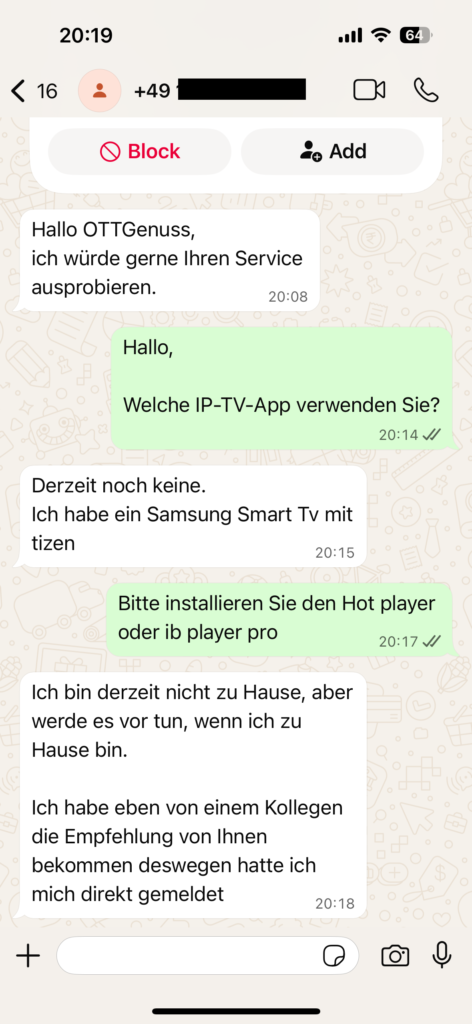 OTTGenuss IPTV Kundenbewertung – Screenshot eines echten Kundengesprächs