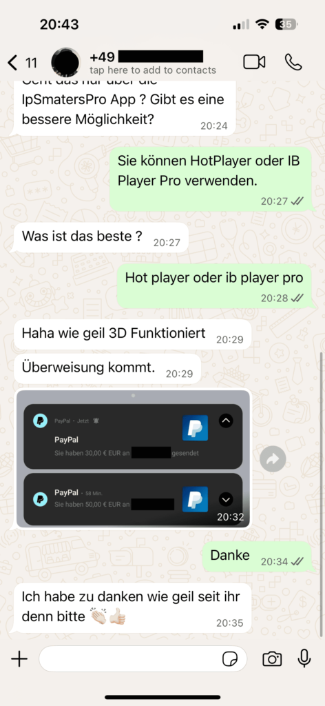 OTTGenuss IPTV Kundenbewertung – Screenshot eines echten Kundengesprächs