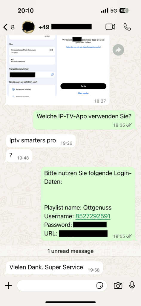 Echtes Kundenfeedback zu OTTGenuss IPTV per WhatsApp