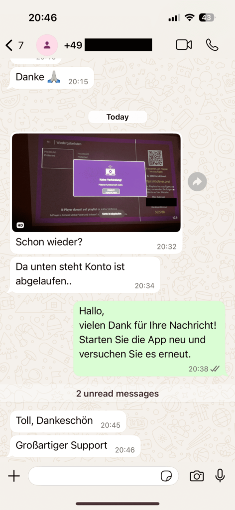OTTGenuss IPTV Kundenbewertung – Screenshot eines echten Kundengesprächs